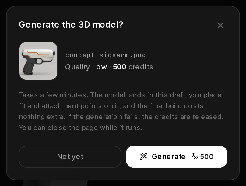 The dialog Generate the 3D model?: the reference image, quality Low with its price, what happens next, and the Not yet and Generate buttons.