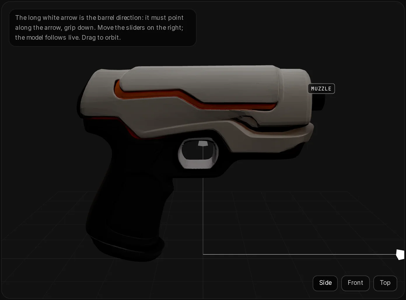 The generated sidearm in step 3, Fit & size, from the side: the model on the barrel arrow with the muzzle dot at the front.