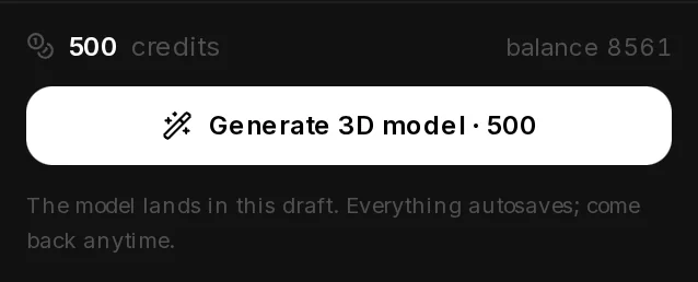 The footer on the AI path: the price and the Generate 3D model · 500 button.