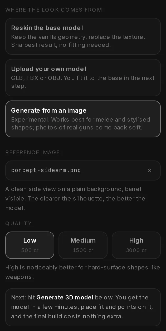 Generate from an image picked in step 2: the uploaded reference image, the Low, Medium and High quality buttons with their prices, and the note to press Generate 3D model.