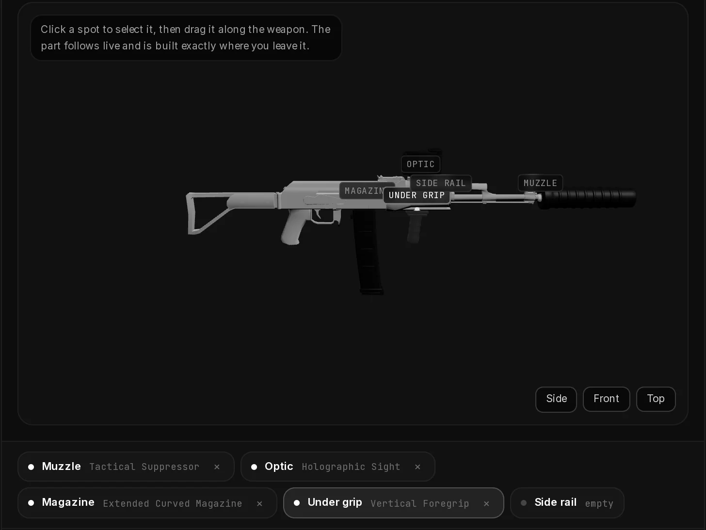 The Assault Rifle in the side view with four parts on it, the mount labels over the weapon and the row of mounts underneath.
