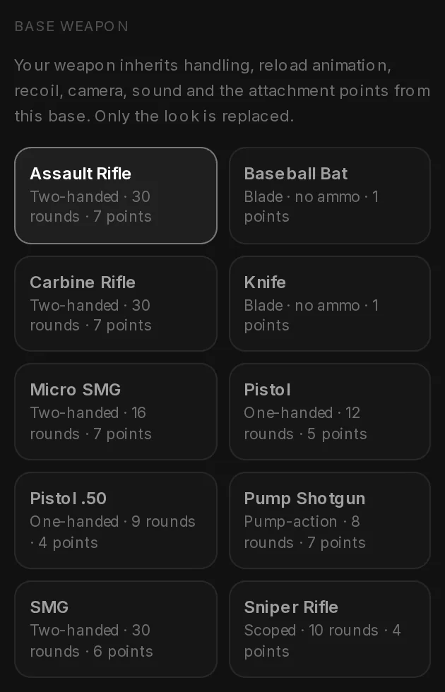 Step 1 of the Weapon Studio: the ten base weapons as tiles, each with its handling, magazine size and number of attach points, with the Assault Rifle picked.