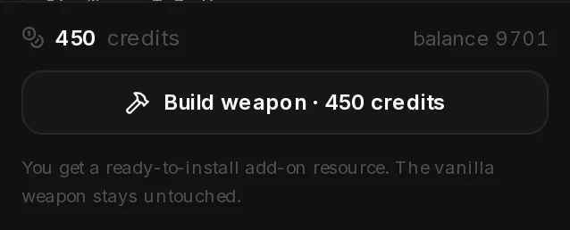 The footer of the settings column: the price, your balance and the Build weapon · 450 credits button.