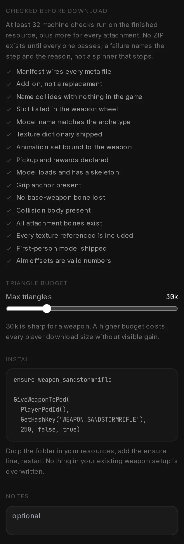 Step 7, Build & install: the list of checks run before download, the Max triangles slider at 30k and the install snippet with the ensure line and GiveWeaponToPed.