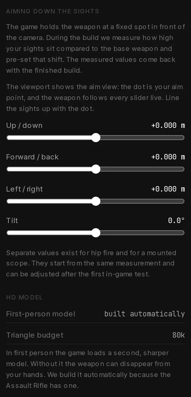 The First person settings: Up / down, Forward / back, Left / right and Tilt sliders, and the HD model built automatically with an 80k triangle budget.