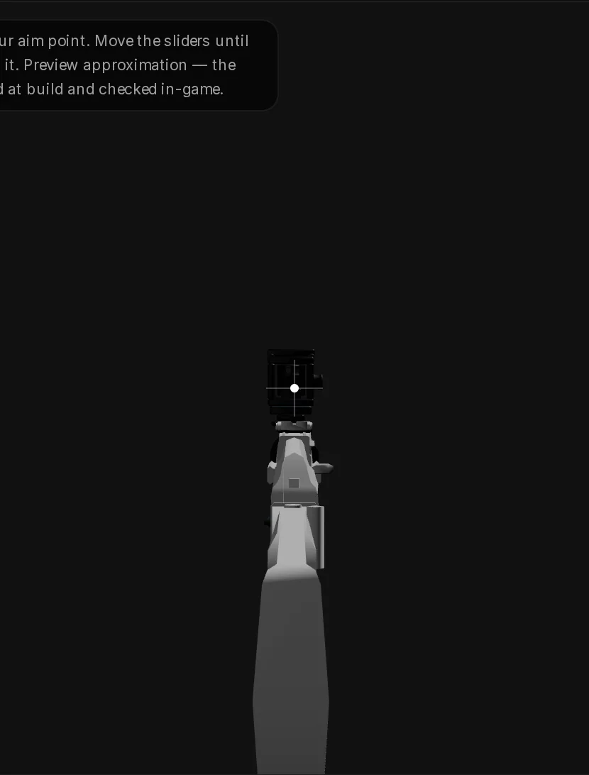 The aim view of step 5: the Assault Rifle seen from behind the sights with a white aim dot in the centre of the viewport.