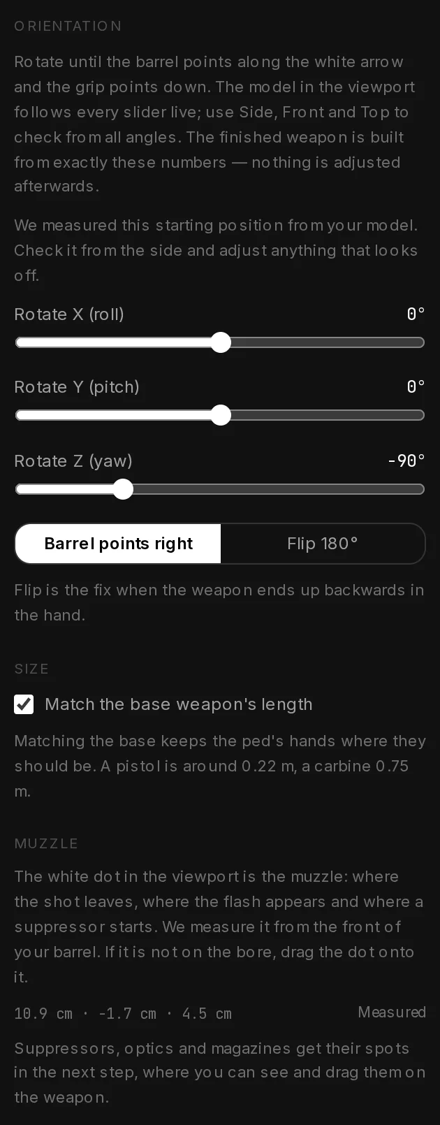 The Fit & size settings: Rotate X, Y and Z sliders, Barrel points right or Flip 180°, Match the base weapon length, and the measured muzzle position.