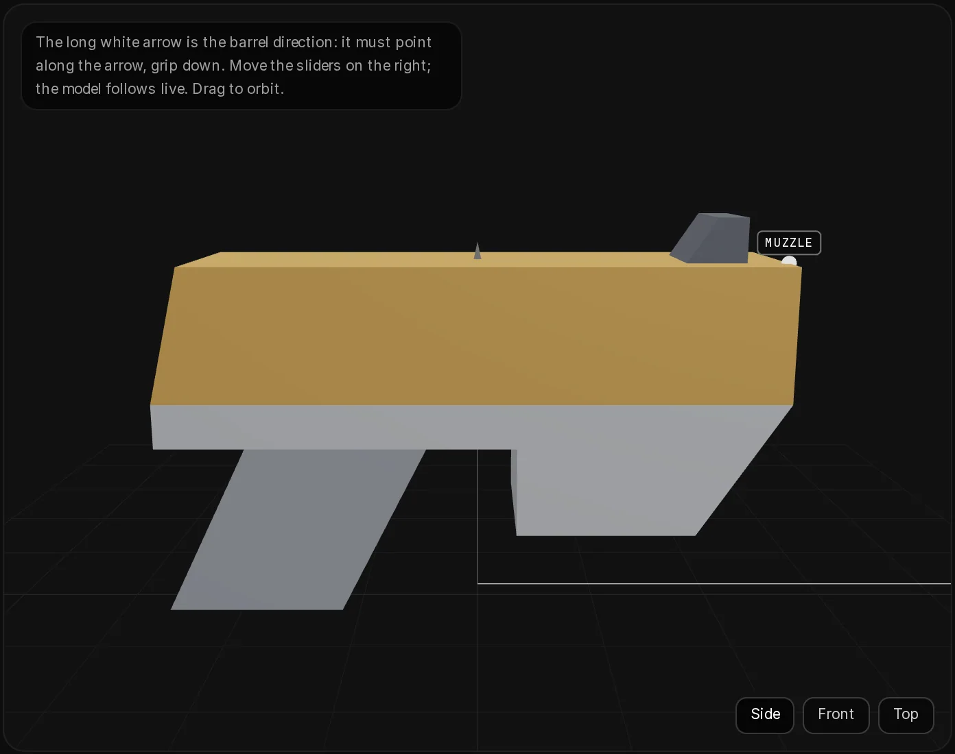 Step 3, Fit & size, with the uploaded blaster from the side: the white barrel arrow, the base weapon as a guide, and the muzzle dot at the front of the barrel.