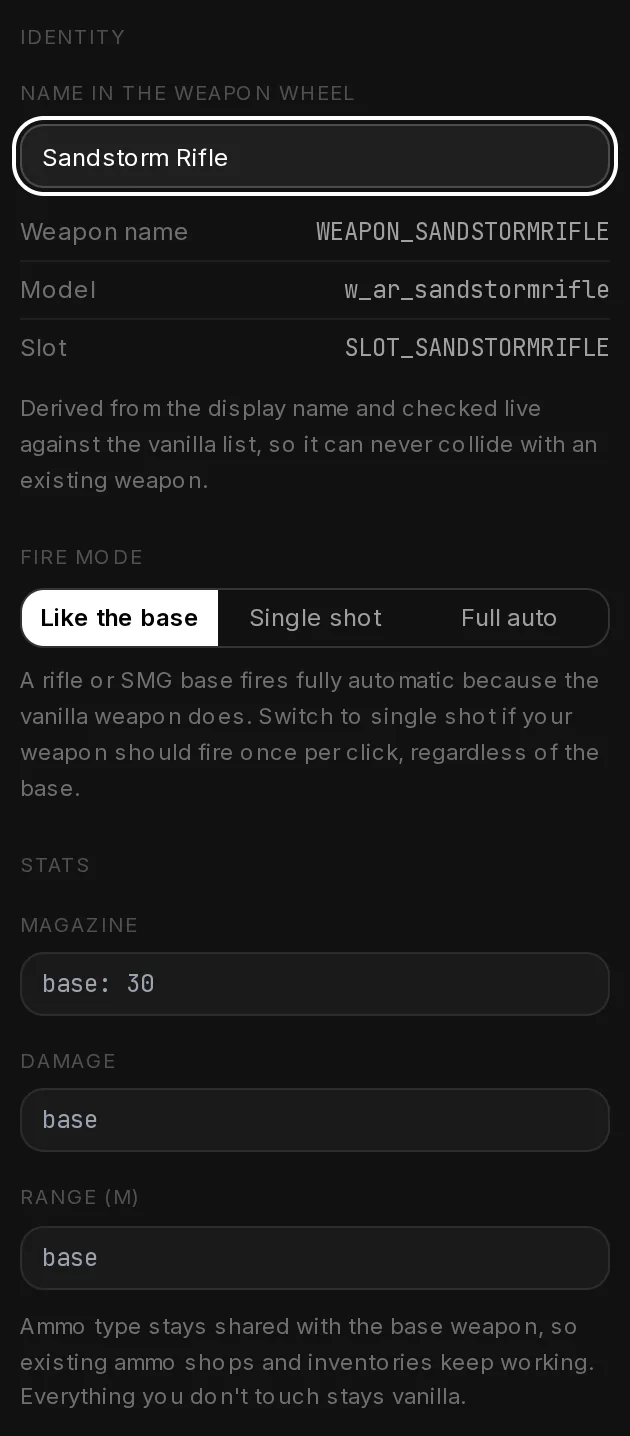 Step 6, Identity & stats: the name Sandstorm Rifle with the derived weapon name WEAPON_SANDSTORMRIFLE, model and slot, the fire mode switch and the Magazine, Damage and Range fields.