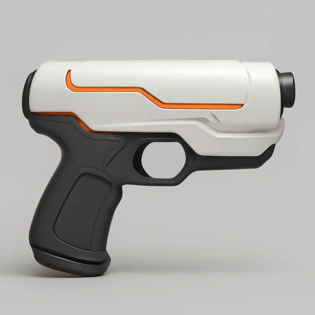 The reference image used for Design one from a picture: a white and orange sci-fi sidearm from the side on a plain light grey background.