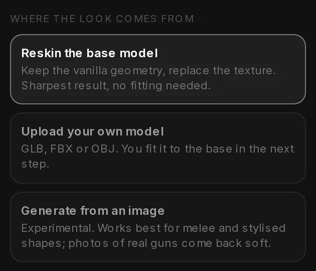 Step 2, Look: the three ways to get a look, Reskin the base model, Upload your own model and Generate from an image.