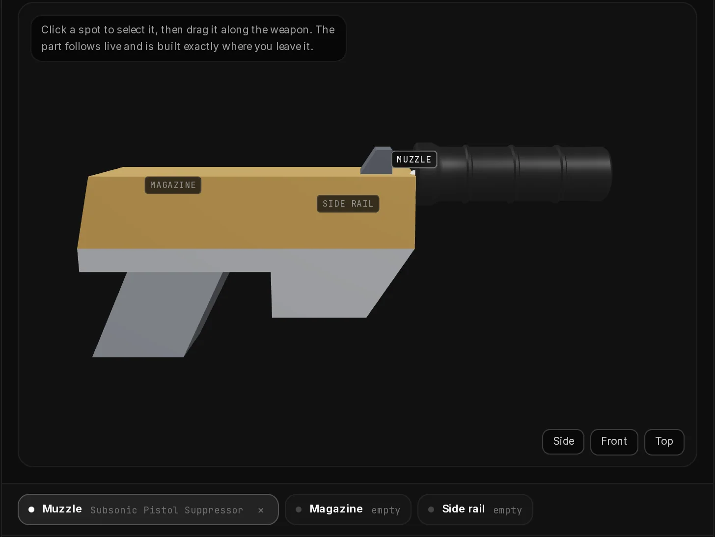 The uploaded blaster on the Pistol base in the Attachments step, with a Subsonic Pistol Suppressor on the muzzle and the Magazine and Side rail mounts still empty.