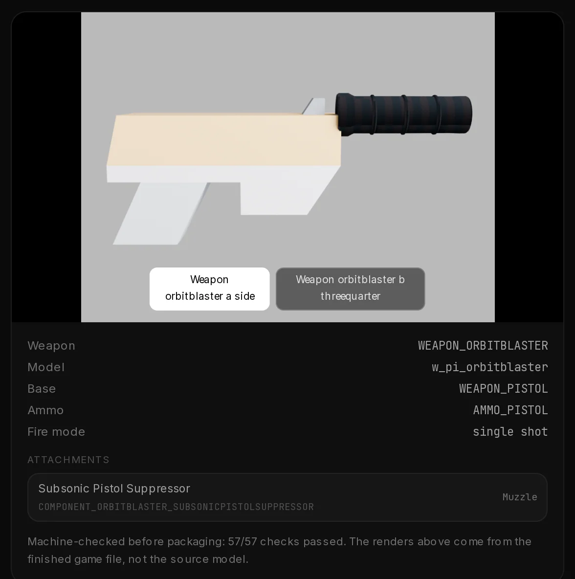 The result page of the Orbit Blaster: two renders of the finished weapon, its weapon name, model, base, ammo and fire mode, the attachments with their component names, and the passed checks.