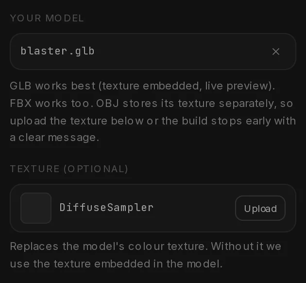 Upload your own model picked in step 2: the uploaded blaster.glb, the formats note, and the optional texture slot DiffuseSampler.