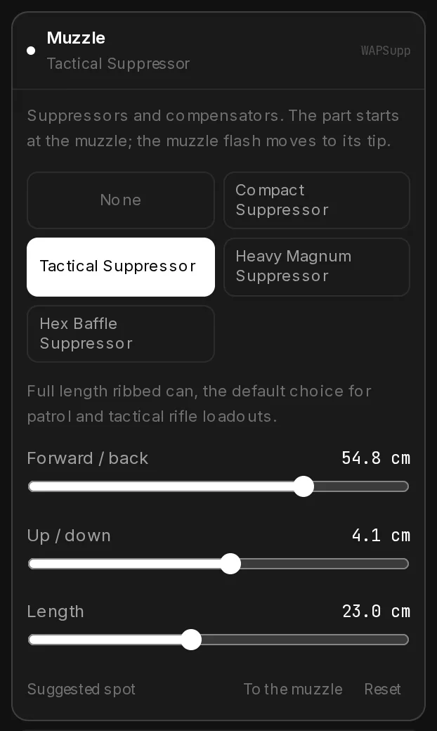 The Muzzle mount opened: None and five suppressors to choose from, Tactical Suppressor picked, and the Forward / back, Up / down and Length sliders.