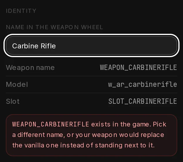 The name Carbine Rifle typed into Name in the weapon wheel: a red note says WEAPON_CARBINERIFLE exists in the game.
