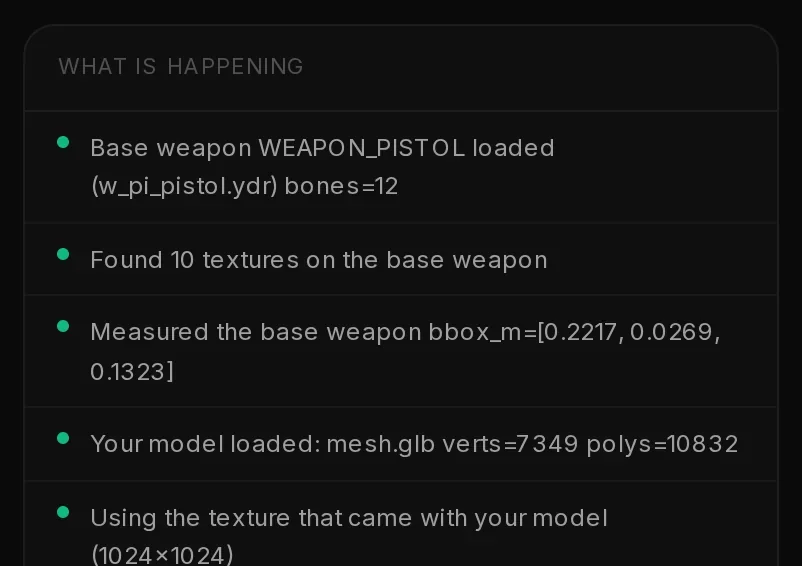 What is happening on the page of a running weapon build: each finished build step in plain words, such as the base weapon loaded and the textures found.