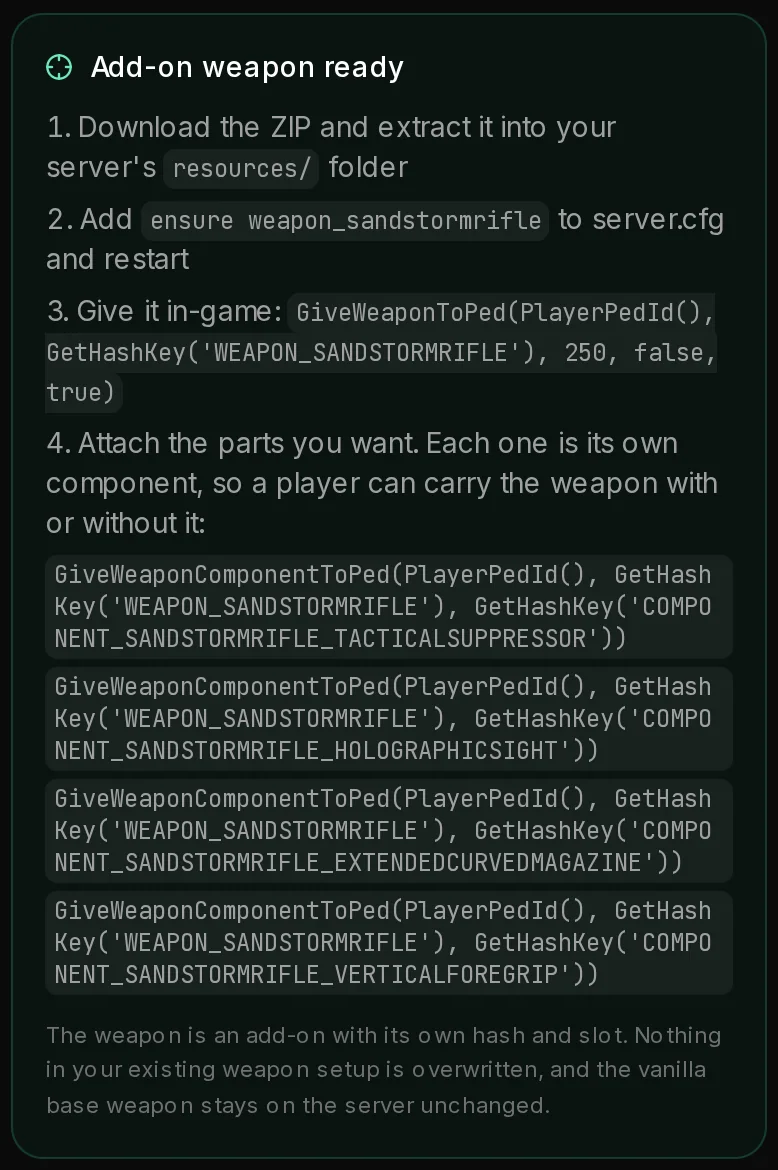 Add-on weapon ready on the result page of the Sandstorm Rifle: download, the ensure line, GiveWeaponToPed with the weapon name and one GiveWeaponComponentToPed line per part.