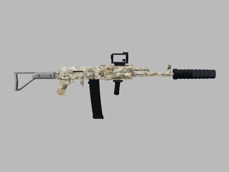 The worker render of the finished Sandstorm Rifle, from the side, made from the game file in the download.