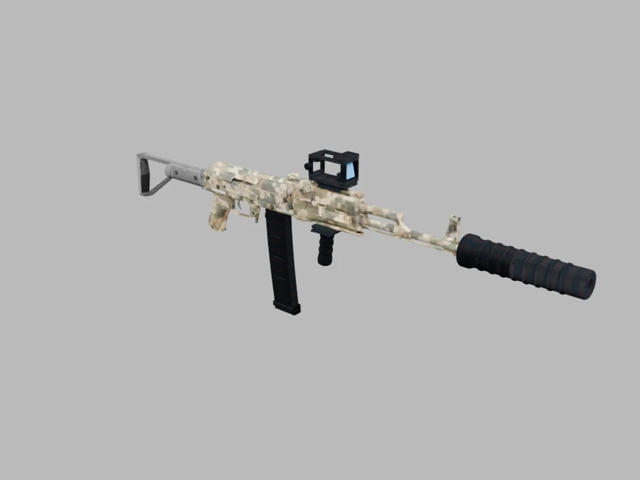 The worker render of the finished Sandstorm Rifle, from three quarters, made from the game file in the download.