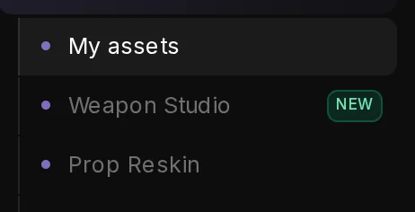 The Assets section of the app sidebar: My assets, then Weapon Studio with a NEW badge, then Prop Reskin.