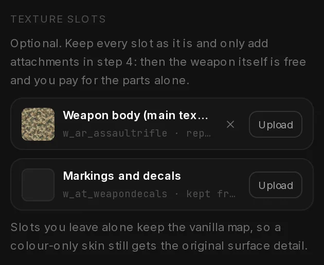 The texture slots of the Assault Rifle: Weapon body (main texture) replaced with a desert camo image, Markings and decals kept from vanilla.